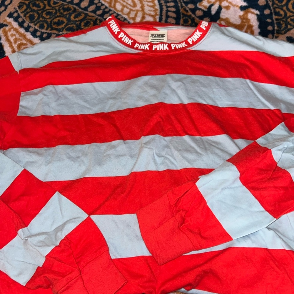 Long sleeve oversized, Victoria’s Secret, pink, red and blue striped shirt